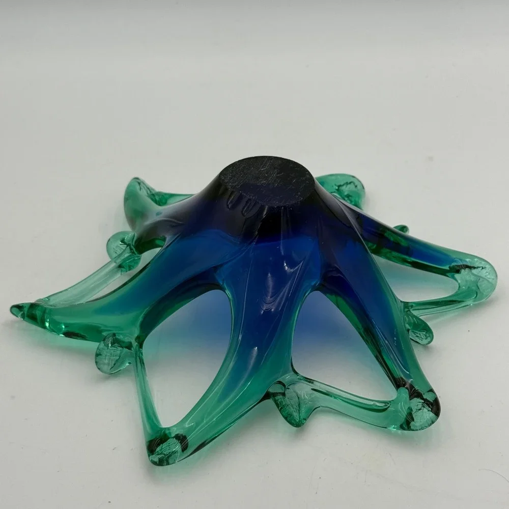 Vintage Art Glass Starburst Bowl Blue Green Hand Blown Centerpiece 9 Inch